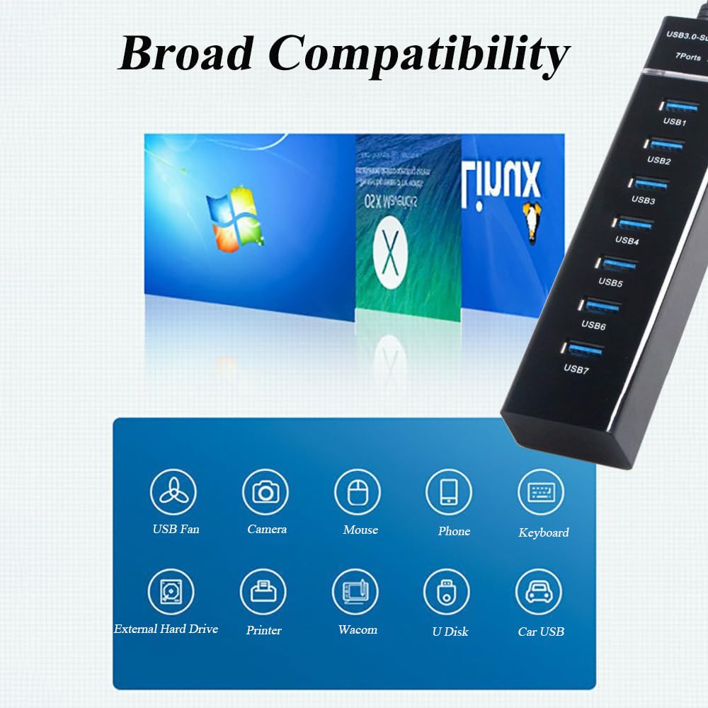 Hub USB a 7 porte, hub USB multiplo con indicatore luminoso, adattatore USB ad alta velocità di trasmissione dati, compatibile con mouse, tastiera, stampante, Windows, MacOS, Linux