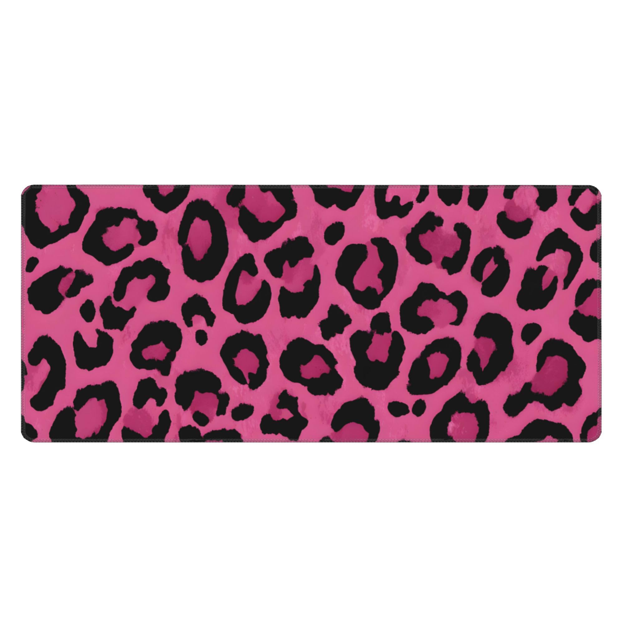 Pink Leopard Print Extended Gaming Mouse Pad, with Stitched Edges Large Mouse Pad Desk Protector, Rubber Base Mousepad Keyboard Mouses Mat for Work Game Office Home- 32" X 12" Inch