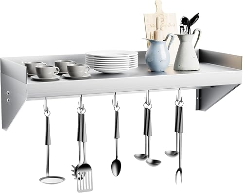 Estante de acero inoxidable, estante de metal de 24 x 12 pulgadas, estante flotante de acero inoxidable montado en la pared con 5 ganchos para