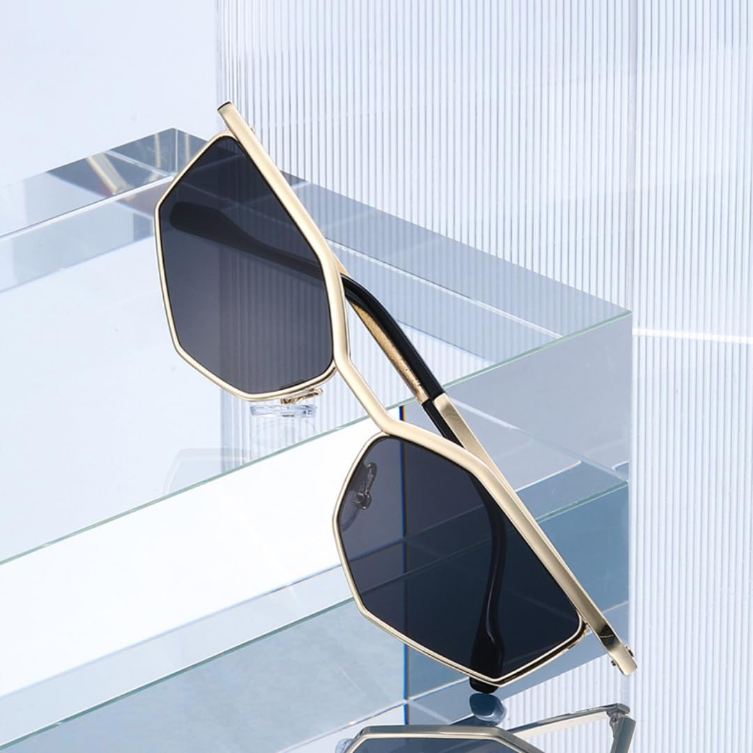Gafas de sol de polígono de moda para mujer, gafas de sol de ojo de gato, gafas de metal UV400 para hombre
