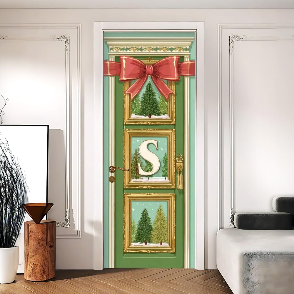 Christmas Green Pine Red Bow Gold Frame Door Mural 30.31x78.74in