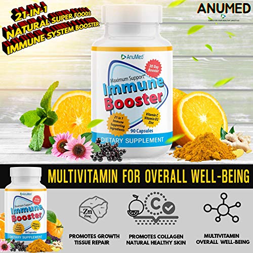 Anumed - 21 In 1 Ultimate Immune Support Booster Supplement 1900Mg With Black Elderberry, Vitamin C 1000Mg, Zinc 50Mg, Vitamin D, A, B2, B9, K2, Turmeric, Ginger, Echinacea, Magnesium (90 Capsules) #TOP2