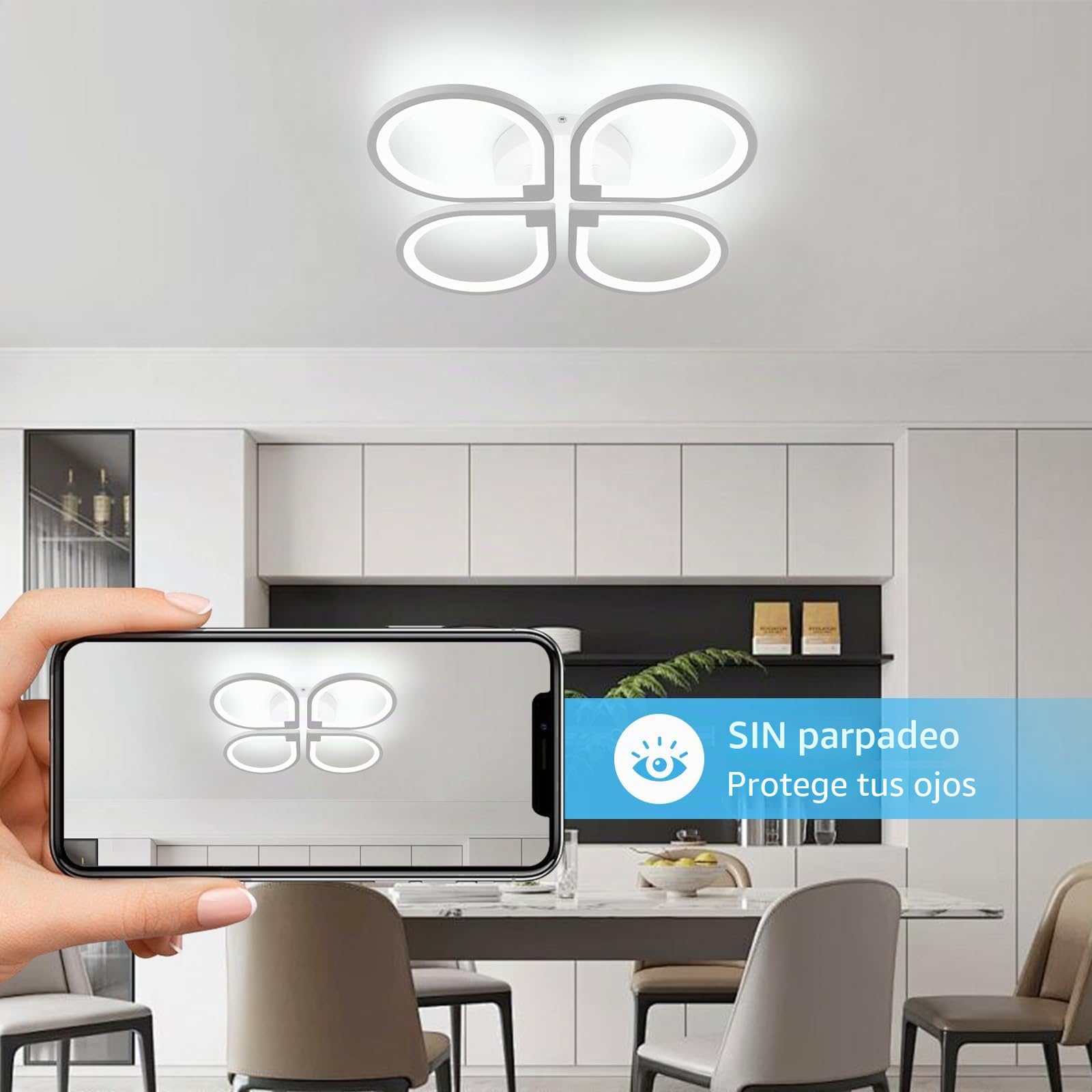Comely Luz de techo led cuatro pétalos, lámpara de techo 40W 4500LM, luz de techo moderna creativa para sala de estar cocina baño dormitorio pasillo, blanco frío 6500K, diámetro 57cm, blanco