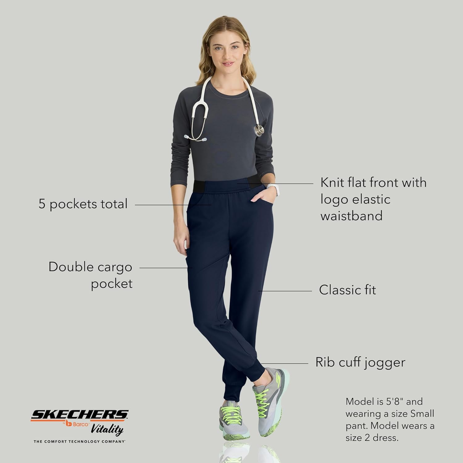 Skechers by BARCO Vitality Electra Classic Fit Scrub Jogger for Women – Navy, Mid-Rise, 5-Pocket Pant w/ 4-way Stretch – Moisture Wicking, Quick-Shed, Anti-Static – XL, Petite Fit - Image 6