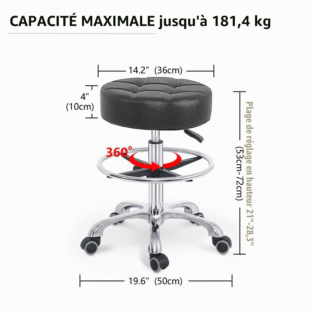 Tabouret pivotant à hauteur réglable Grace&Grace, Tabouret à roulettes robuste pour bureau