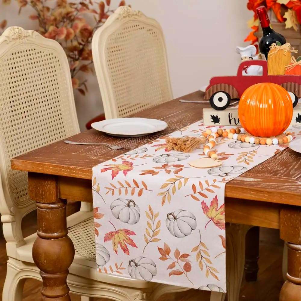 HuYiGGZ Thanksgiving Autumn Orange Pumpkins Maple Leaves Autumn Table Runner Rectangle Tablecloth Dining Room Decor for Tabletop Decor Picnic Party Kitchen Wedding - Image 4