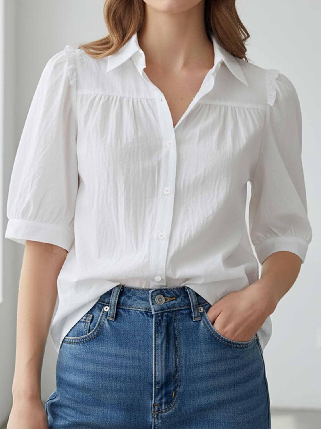 LUSMAY Women's 100% Cotton Half Sleeve Button Down Blouse - Summer Casual and Elegant Shirts - Image 4
