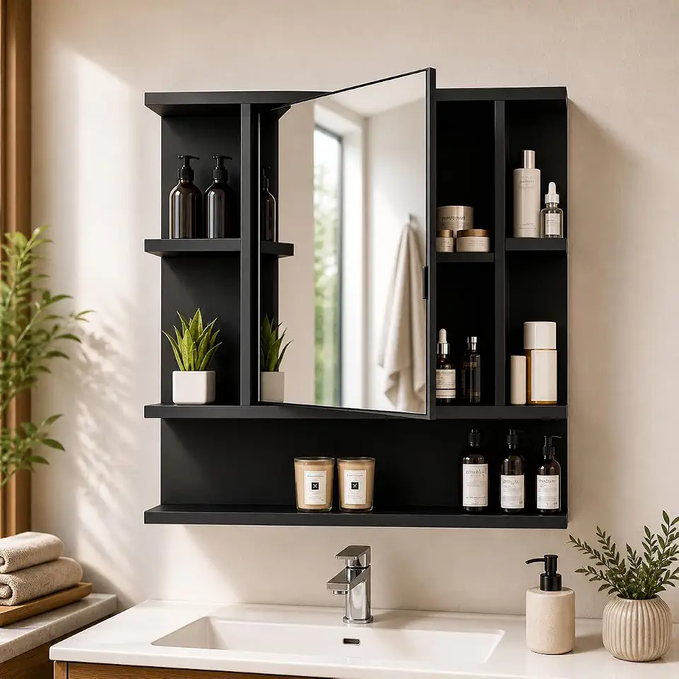 Armário Espelheira Para Banheiro Primor Com Porta (PRETO)