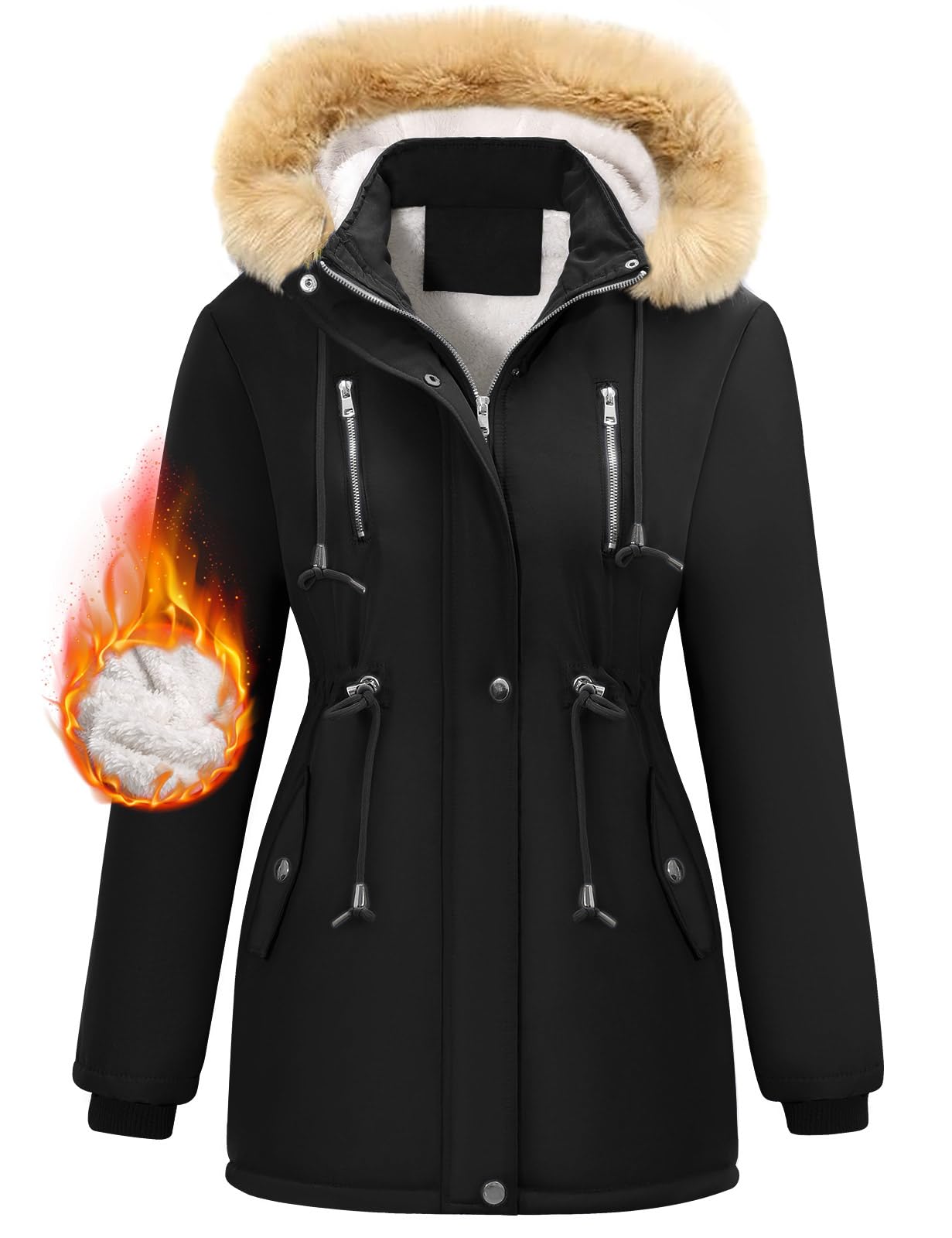 NadeerWomen Parka Coat Winter Warm Jacket Fleece Lined Thick Coat with Removable Faux Fur Hood Windproof Outerwear