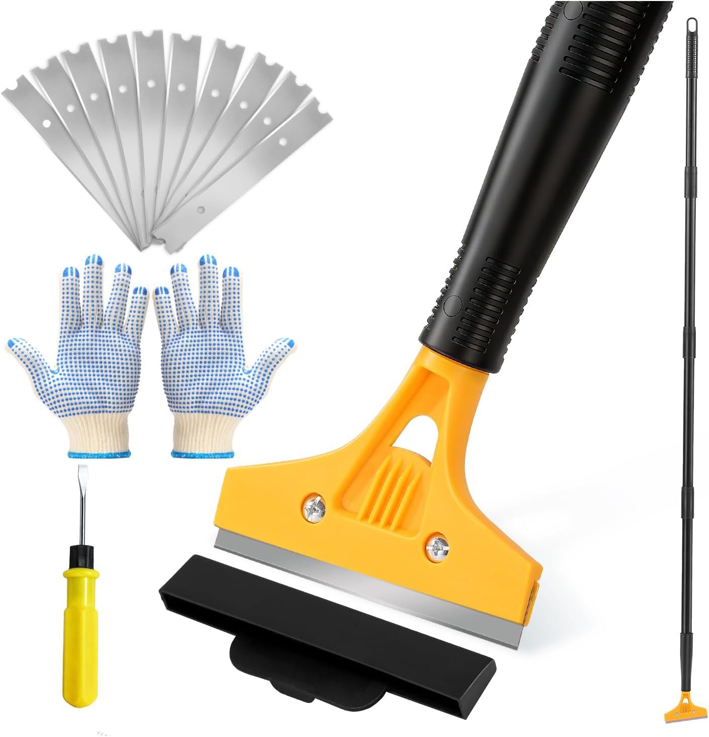 Floor Scraper Long Handle Heavy Duty, 8-72" Adjustable Razor Blade Scraper Tool with 10 Blades, 4 Inch Paint Scraper for Cleaning Floors, Walls, Tile, Glass, Adhesive, Gum, Popcorn Ceiling(2 Pack)