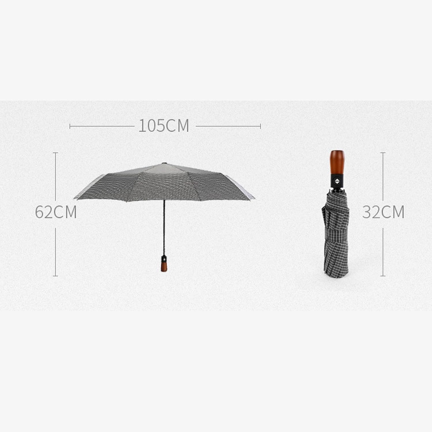 pistro Automatic Folding Umbrella with Strong Wooden Handle for Business Use Plaid Pattern 10 Rib Alloy Frame 41.34x24.41 Inch
