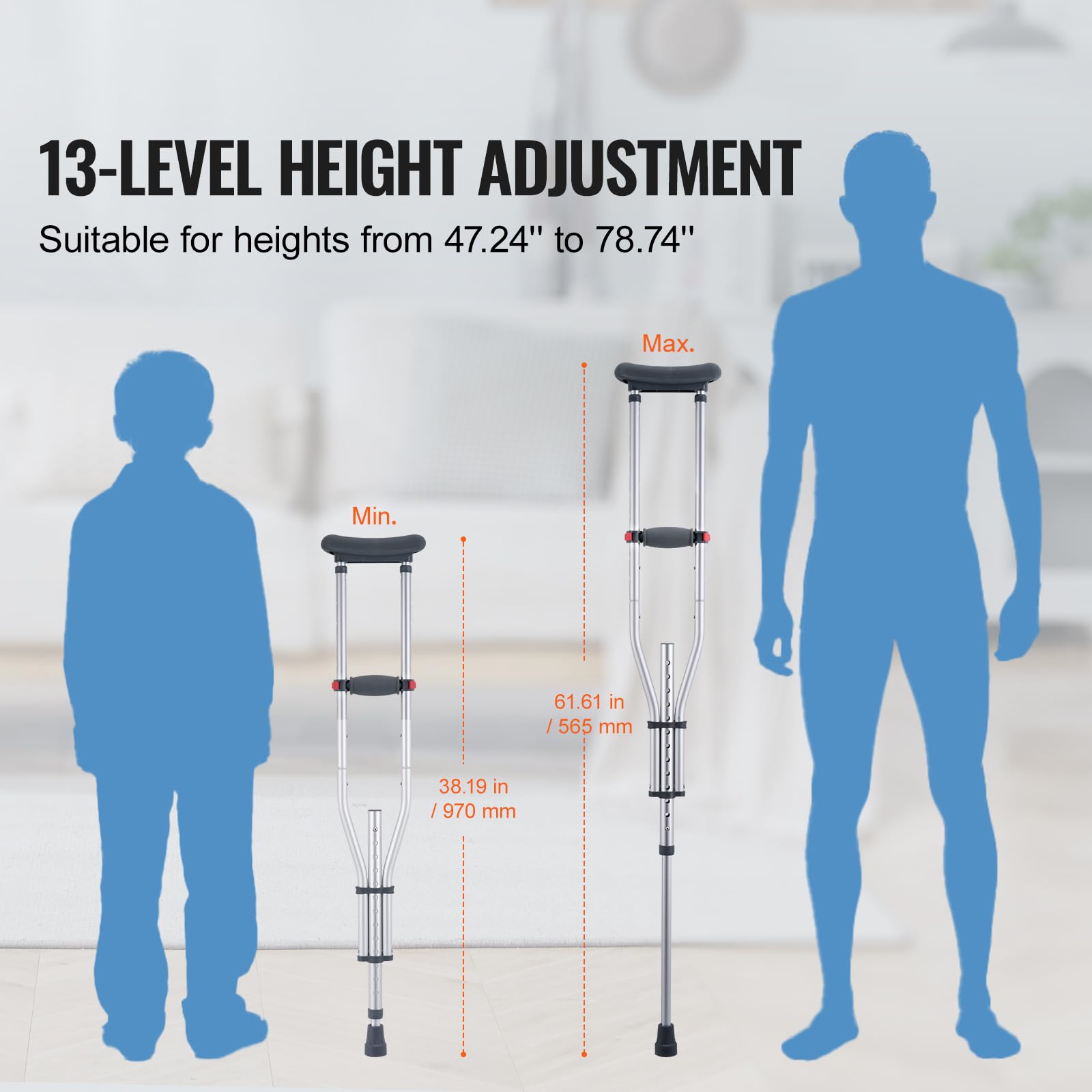 Happybuy Underarm Crutches,13-Level Height Adjustable Underarm Walking Crutches,Lightweight Aluminum Crutches for Adults Teenager - with Soft Underarm Pad for Leg Injury Surgery Disabled,1 Pair 300LBS