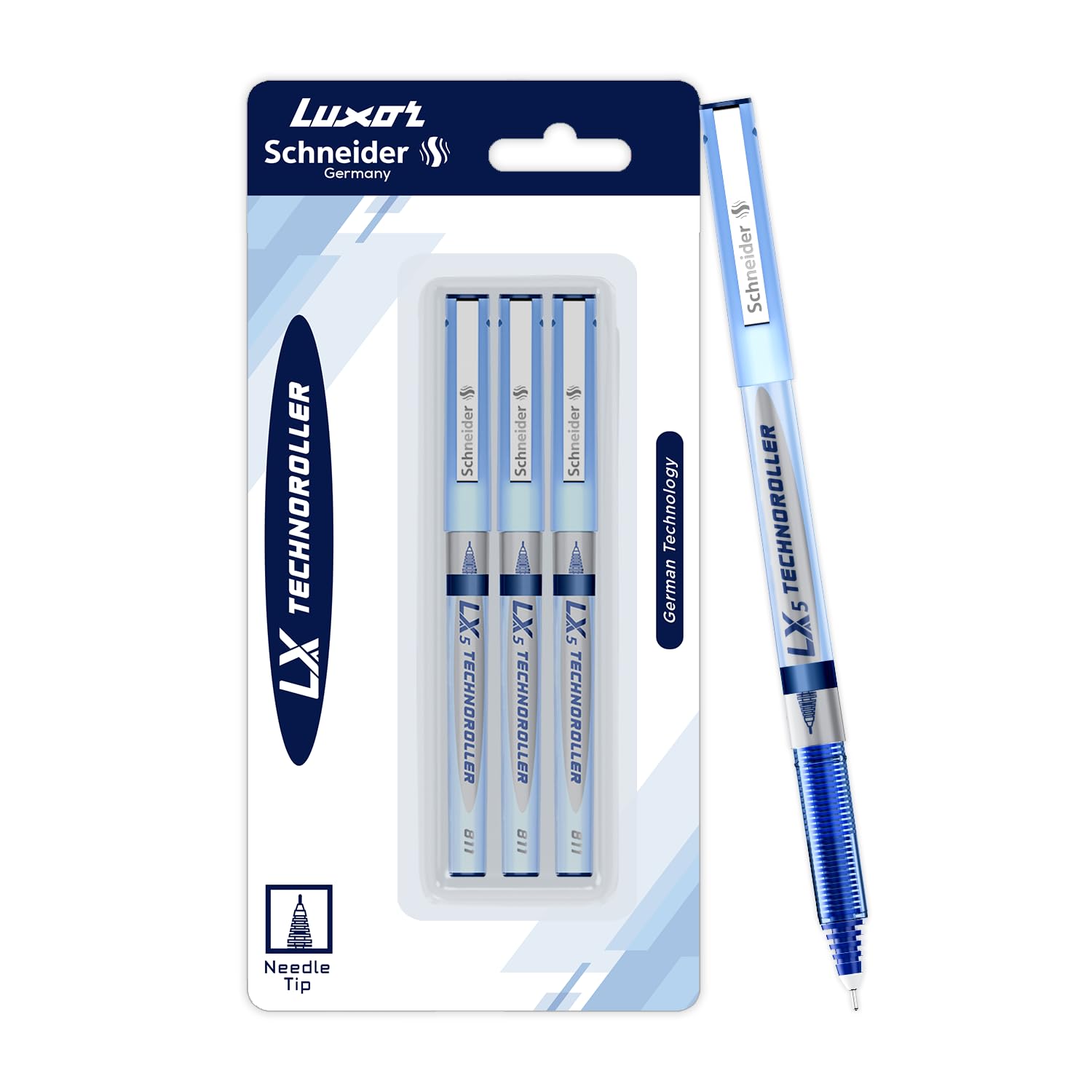 Schneider LX5 Technoroller| Pack of 3| Blue Ink Colour |0.5 mm tip|100% Liquid Ink Roller Pen| German Technology| Smooth writing experience| Ideal Pen for Students & Professionals