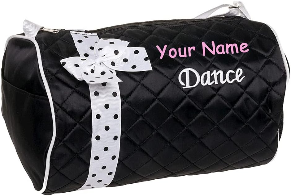 Personalized Quilted Black and White Polka Dot Dance Duffel Gym Bag with Custom Name