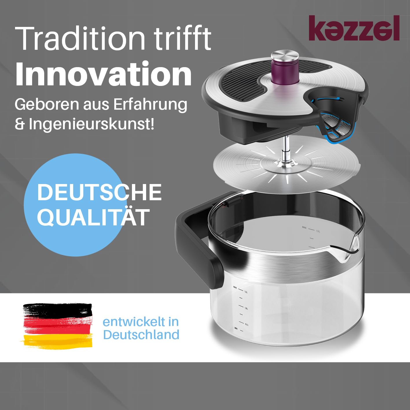 Kezzel® innovativer Wasserkessel für Induktionsherde 1,5 Liter | Automatische Abschaltfunktion, kein Überkochen | Minimalistisches Design, Edelstahl & Glas, leicht zu reinigen, spülmaschinengeeignet