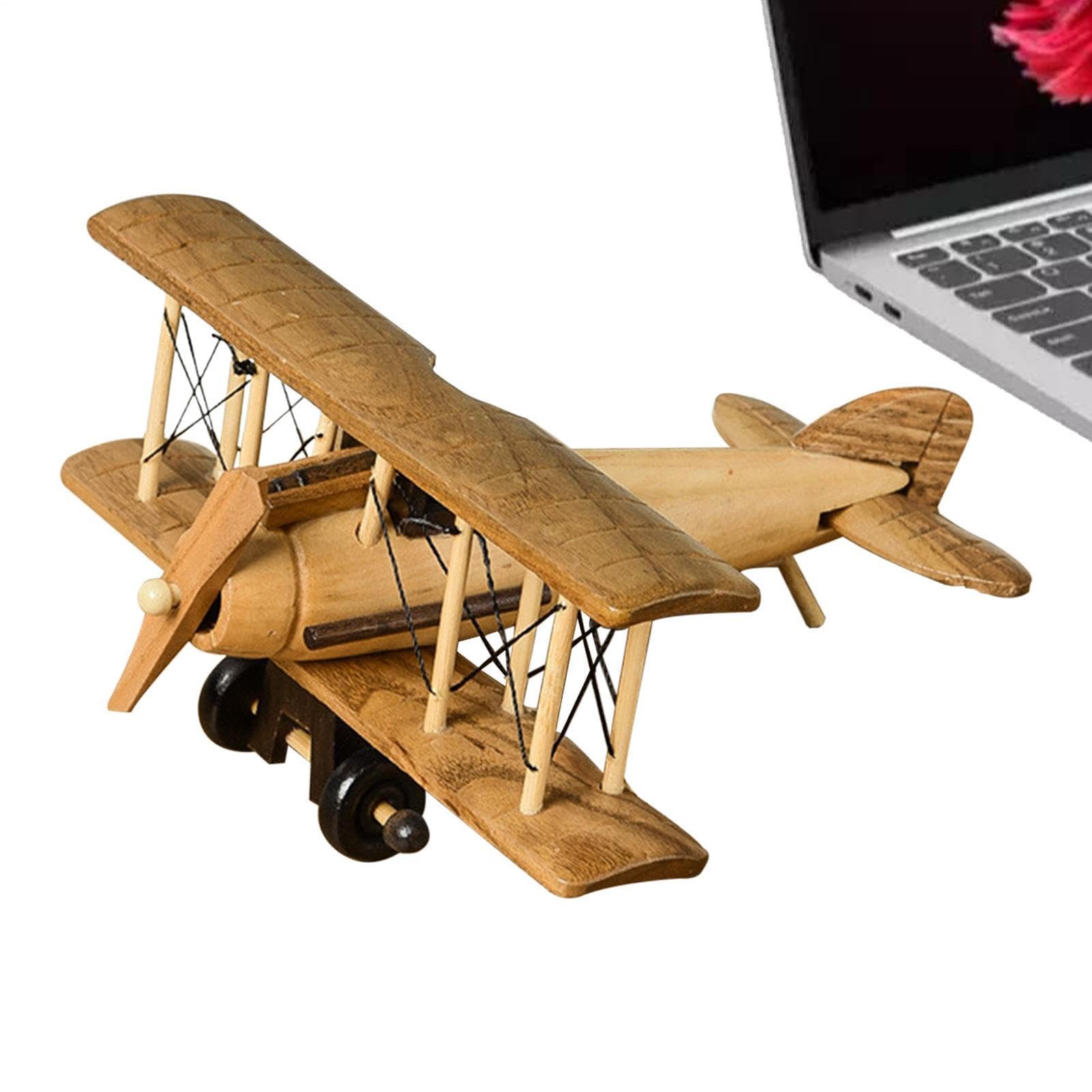 Jouet Avion en Bois Mini Modèle Avion Vintage Biplan Rétro Ornement Avion pour Maison Bureaux Décorations Chambre Enfants
