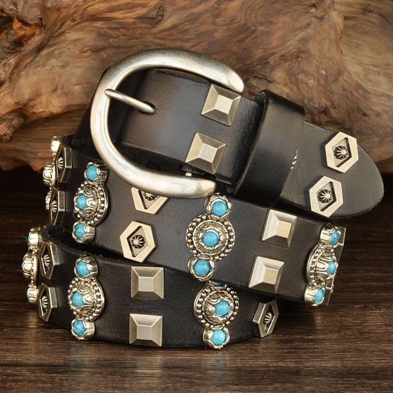 Black Studded Belt for Men Women, Western Cowboy Cowgirl Belt with Turquoise Rivet, Punk Belts for Jeans Pants2