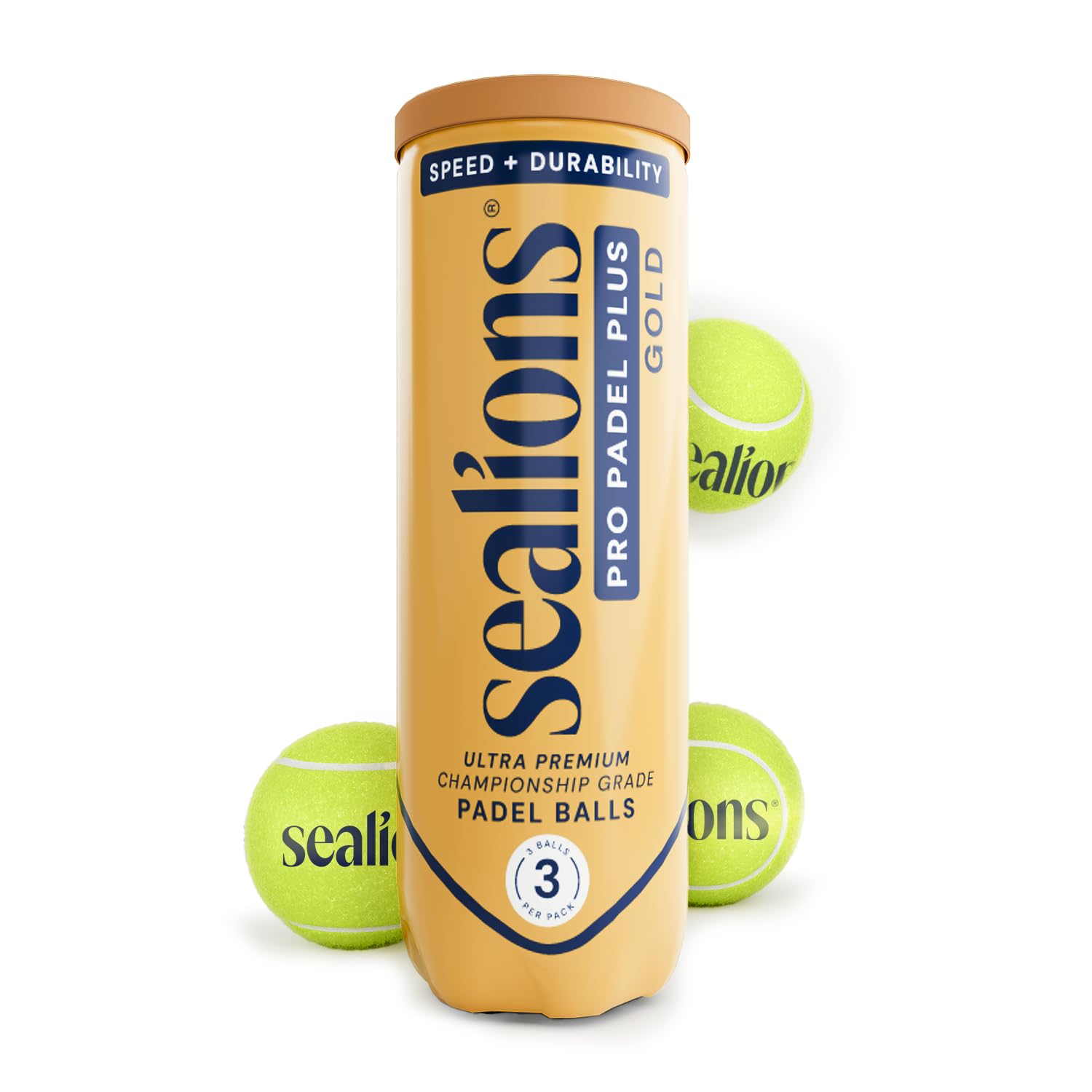 Sea Lions Pro Padel Plus GOLD Championship Padel Balls – Tube of 3 Pressurised Professional Tournament Balls – Fast High Performance Bounce – Built to International Federation Standards