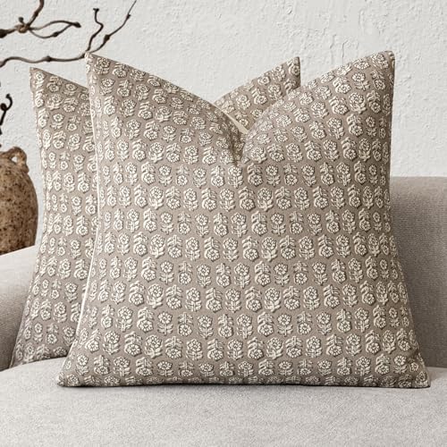 Image of Foindtower Set of 2 Decorative Neutral Floral Print Throw Pillow Covers Vintage Accent Farmhouse Cushion Covers Boho Home Decor for Sofa Couch Chair Bedroom Living Room,20x20 Inch,Tan Taupe