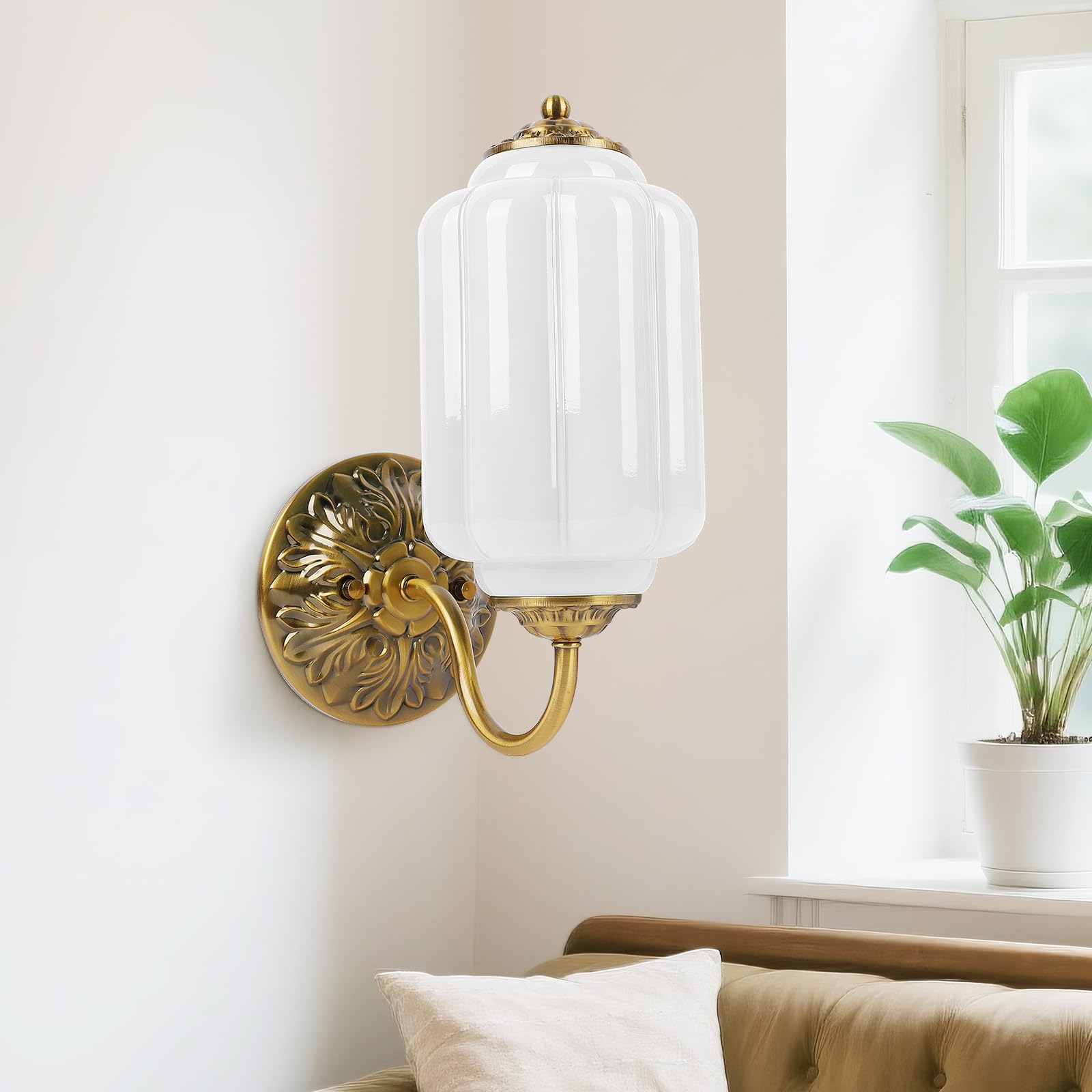 Photo 1 of Pandaluna Vintage Wall Sconce, White Milk Glass Light Fixture, 5.5In Art Deco Antique Wall Sconce for Bedroom Bathroom Living Room Hallway Entryway, E12 LED Bulb Included, Antique Gold & White 1 Pack