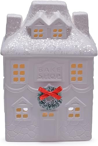 Miniatura 5 de Mark Feldstein & Associates Holiday Wreath Village with Trees, figuras de Navidad LED de porcelana blanca sin esmaltar, juego de 18 piezas