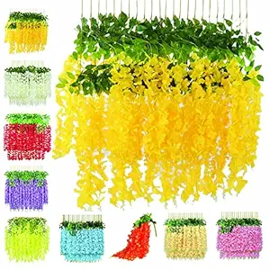 TAVASYA Water Proof Hanging Artificial Wisteria Flower Strings_Pack of 6_Yellow Color_110 Cms_for Wedding_Party_Home_Ceiling_Balcony_Office_Wall Decor SYT2