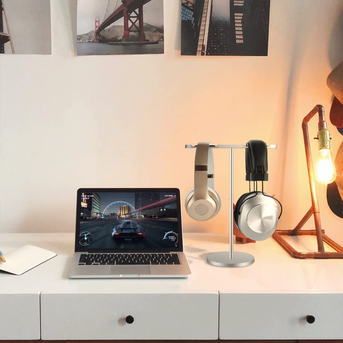 Geekria Alliage d'aluminium Double Support pour Casque Grand Over Ear, Support de Casque de Jeu, Support d'affichage de Bureau avec Base Solide Compatible avec Beats, Bose, Sony, AKG, ATH, B&O(Argent