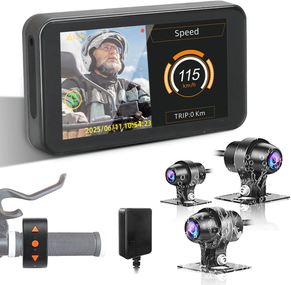 VSYSTO WiFi Motorcycle Dash Camera, Selfie Mode, Parking Monitoring, Assisted Driving Mode, 4.5" Screen GPS 1080P Starlight Night Vision Front and Rear Camera Waterproof Motorbike DVR System (F4.5PRO)