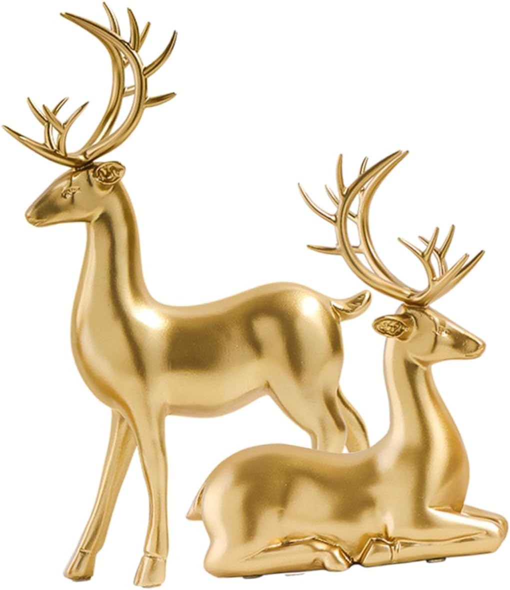 2pcs Elk Resin Statues Christmas Desktop Ornaments for Holiday Decor Lightweight Xmas Decorations for Boys and Girls Room Shelf Table Centerpieces