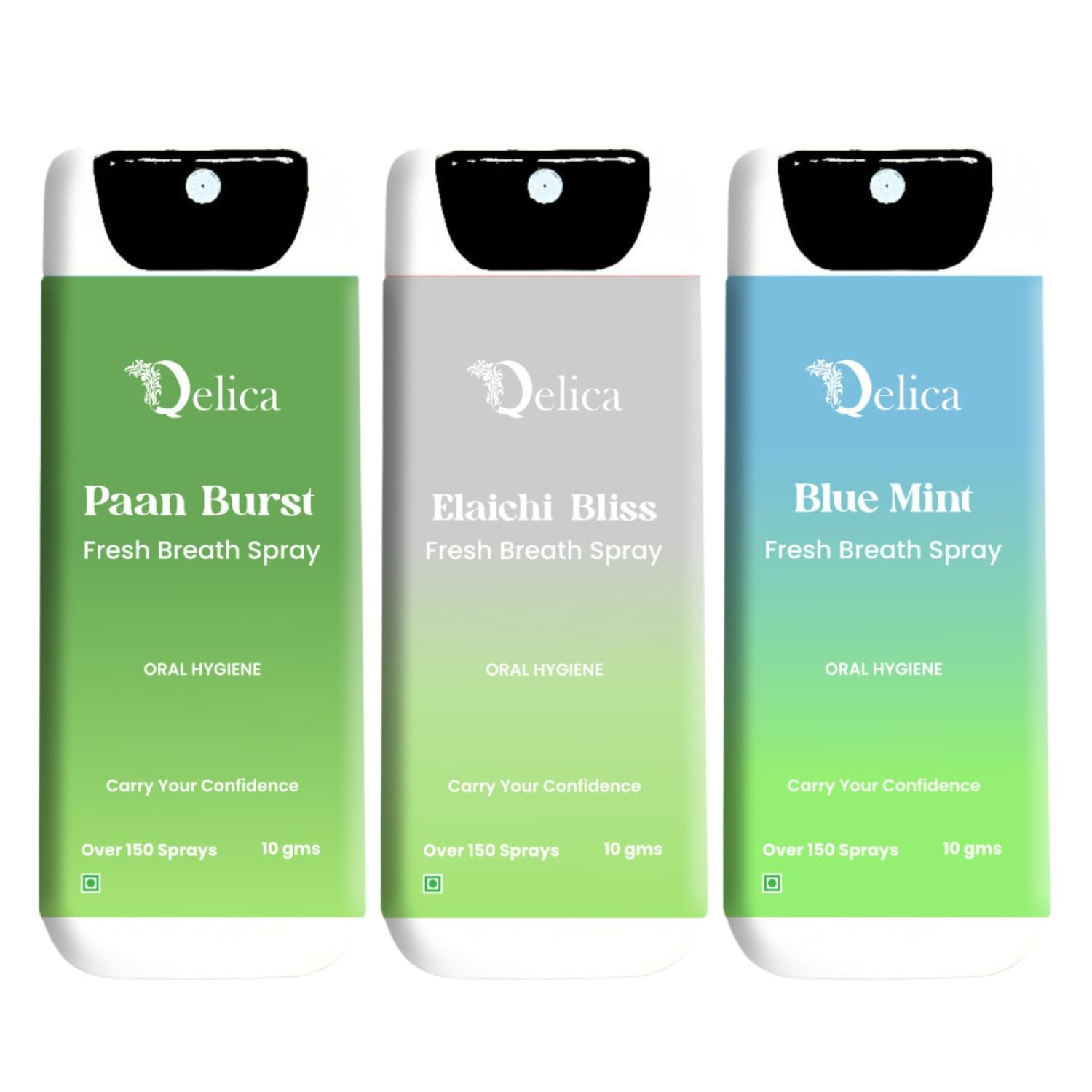 QELICA Mens and Womens Paan Brust, Blue Mint, Elaichi Bliss Instant Mouth Freshner Spray | Longlasting Freshness, Gumand Tooth Protection |Multi | 10 G (Pack of 3)