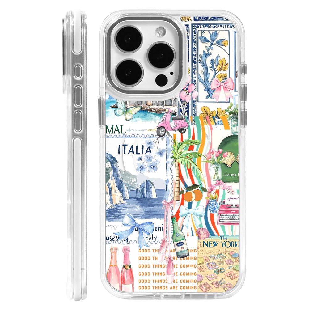 DAIZAG Case for iPhone 14 Pro, [Compatible with MagSafe],Bow Beach Landscape Collage Coastal Phone Case for Women Girls Magnetic Clear Cover Case for