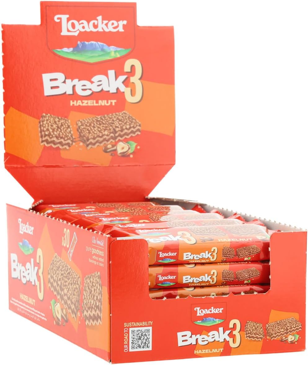 Loacker, Break3, Barrette con Crema alle Nocciole 100% Italiane e Ripieno di Friabili Cialde Crispies, Snack Croccante e Gustoso, Formato Convenienza, Confezione Display da 30 Barrette Monoporzione