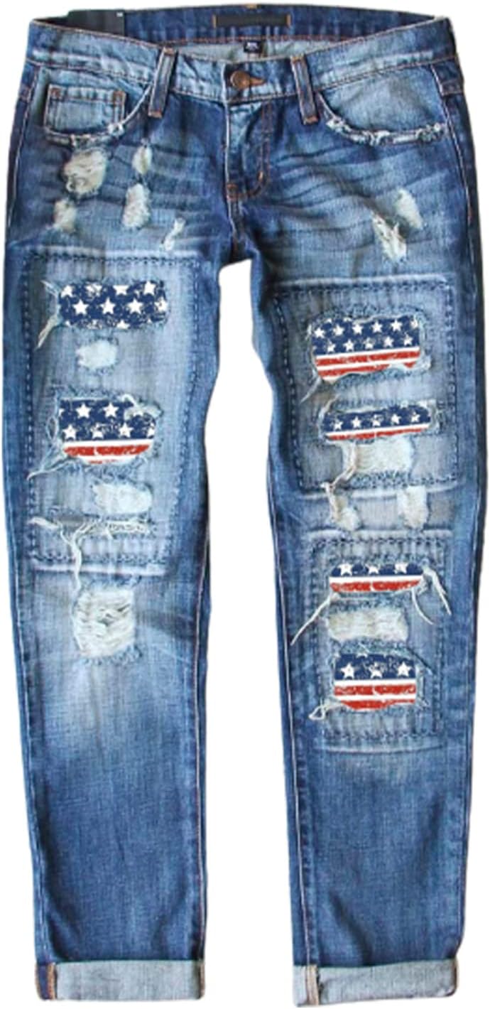 EVALESS Ripped Jeans for Women Plaid Patch Boyfriend Skinny Distressed Denim Jean Pants