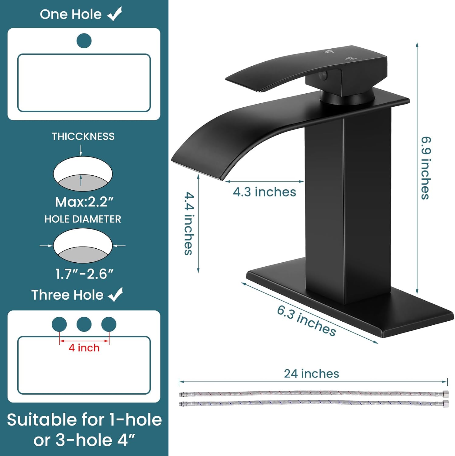 Bathroom Faucets Matte Black Waterfall Bathroom Sink Faucet Modern Single Handle Bathroom Faucet for 1 or 3 Hole Mxier Tap Washbasin Faucet with Deck, Pop-up Drain and Supply Hoses