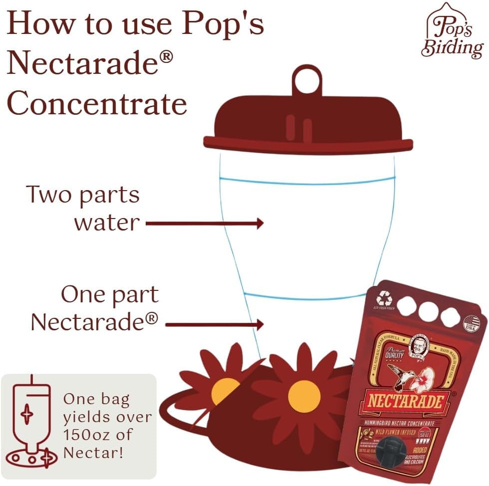 POP'S Birding Nectarade Hummingbird Nectar, Concentrate Liquid 50.7 oz. Yields 150 oz., Pack of 2 - USA Made Premium Humming Bird Food - All Natural Clear Recipe, Dye Free Bird Food