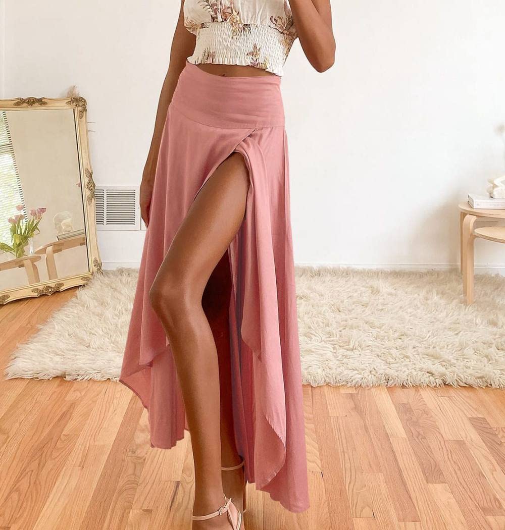 Gonne A Ruota,Gonna Lunga da Donna Rosa Gonna Temperamento A Vita Alta con Spacco Irregolare A-Line Increspato con Volant Eleganti Gonne Lunghe per Ragazze Signore,XL
