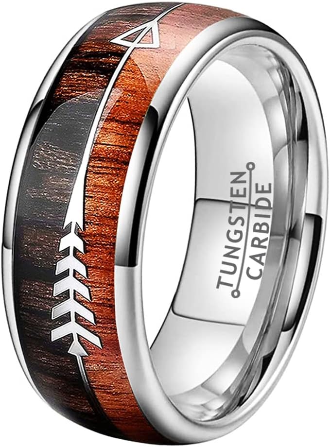 8mm Tungsten Carbide Rings for Men Women Wedding Bands Koa Wood Arrow Inlay Polished Shiny Comfort Fit