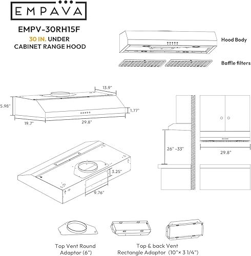 Miniatura 6 de Empava Campana extractora debajo del gabinete sin conductos 30 pulgadas, conducto convertible (ventilación traserasuperior), 300 CFM, botón