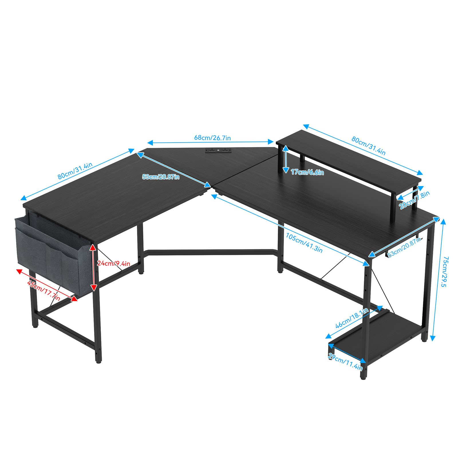 Bureau d'angle Informatique Gaming avec Fonction de Chargement, en Coin pour Ordinateur Station de Travail, pour Gamer, Table en Bois, pour Maison et Bureau Noir