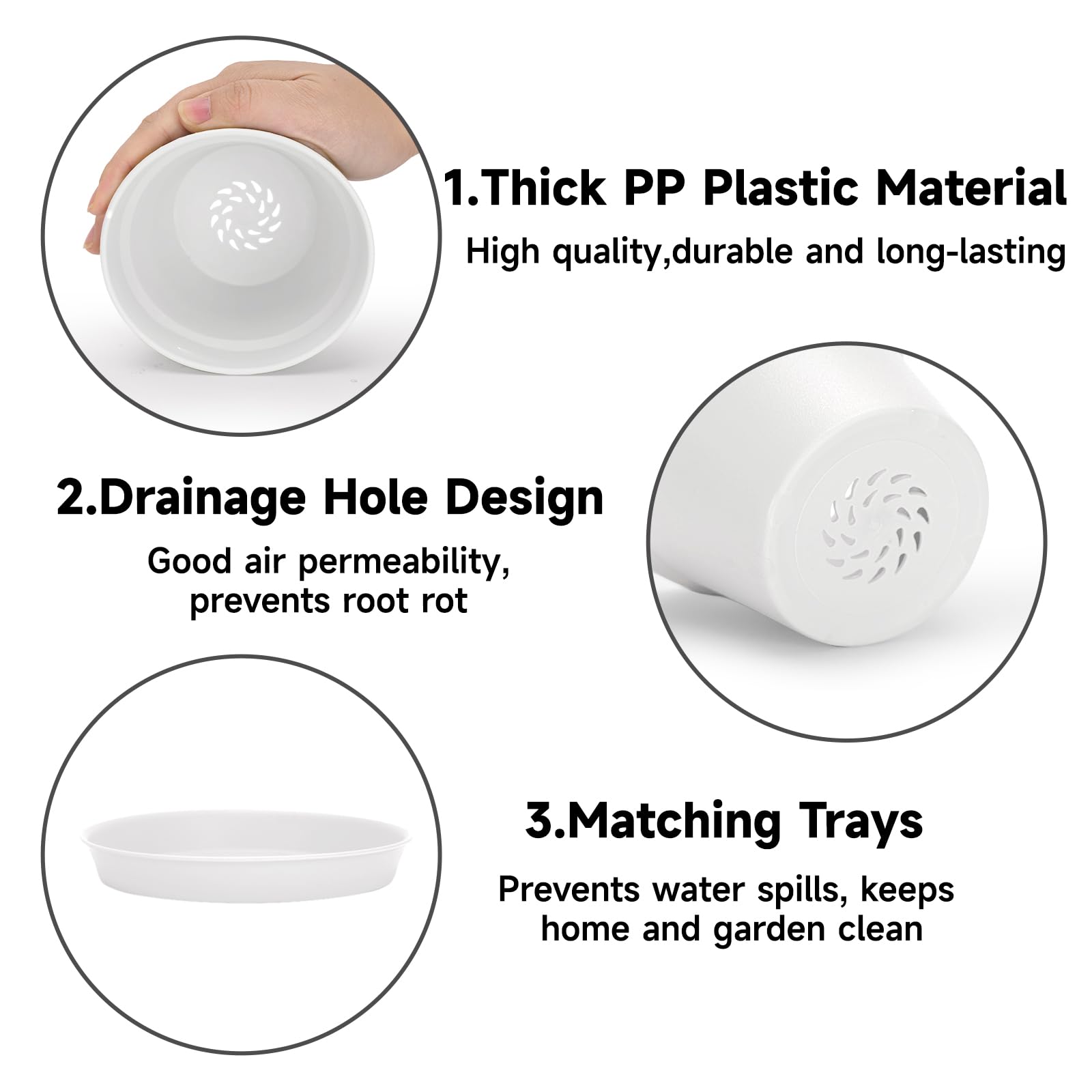 KINGLAKE 10cm Blumentöpfe mit Untersetzer - 8 Stück Pflanztöpfe Klein, übertopf Pflanztopf, Blumentopf Kunststoff Set, Topf Kleine Flower Pot für Pflanzen Kakteen Kräuter-Weiß - 4