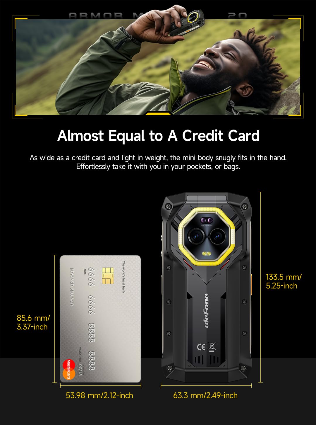 Ulefone Armor Mini 20 4G Smartphone Incassable, Taille de Paume, 16Go+256Go, Batterie 6200mAh Recharge sans Fil, Caméra Vision Nocturne 64MP+50MP, 4,7" HD+90Hz, IP68 Étanche Android 14, NFC GPS