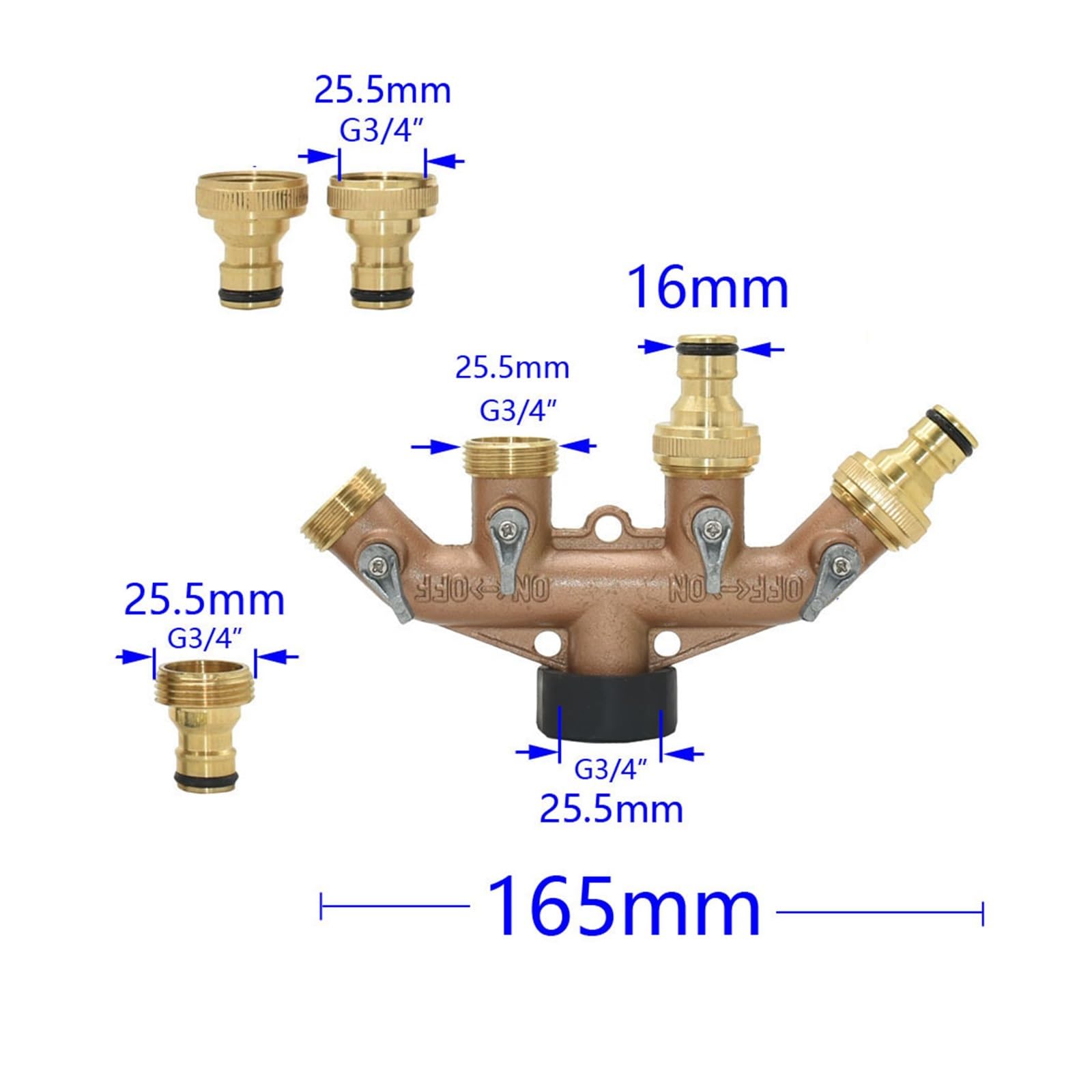 Distributore per tubo da giardino Tuboacqua da giardino Splitter a 4 vie in ottone con filettatura da 3/4 "Rubinetto da giardino Shunt Quattro Qutlet Valvola di irrigazione Connettore rapido 1 pz