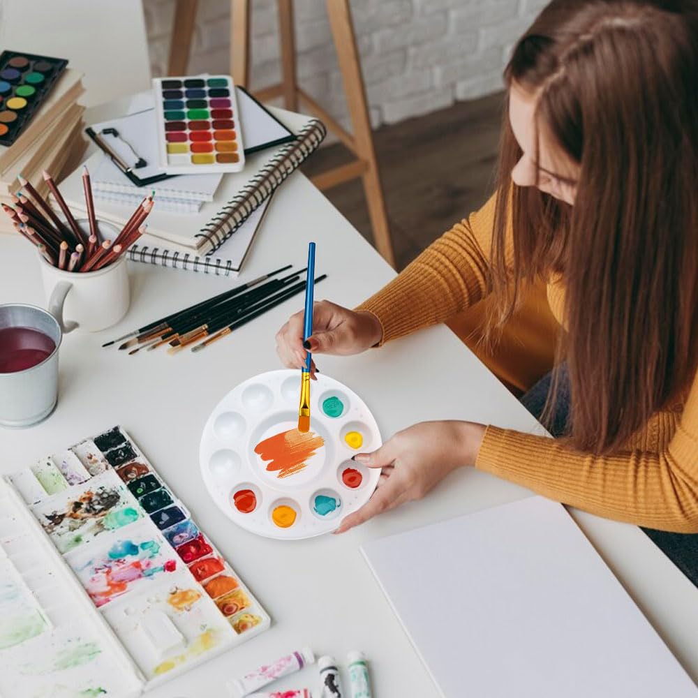 Set De 10 Paletas De Pintura Redondas + 10 Pinceles - Plástico Blanco, 16.5 Cm, Ideal Para Acuarela, óleo Y Acrílico