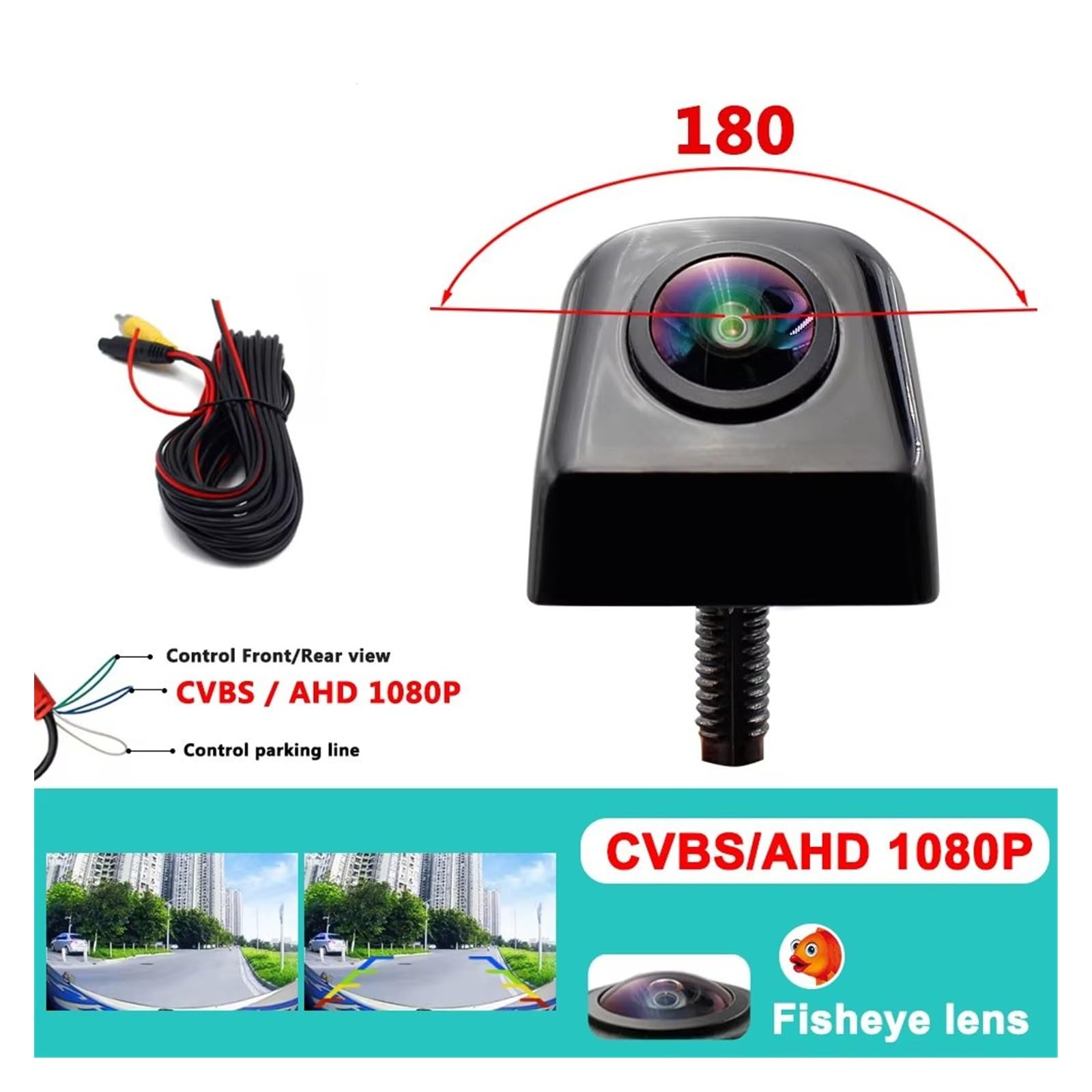 Retrocamera Auto CCD HD Obiettivo Fisheye 180 Gradi Telecamera Auto Vista Posteriore/frontale Telecamera Backup Grandangolare Visione Notturna 12V(CCD AHD 1080P)