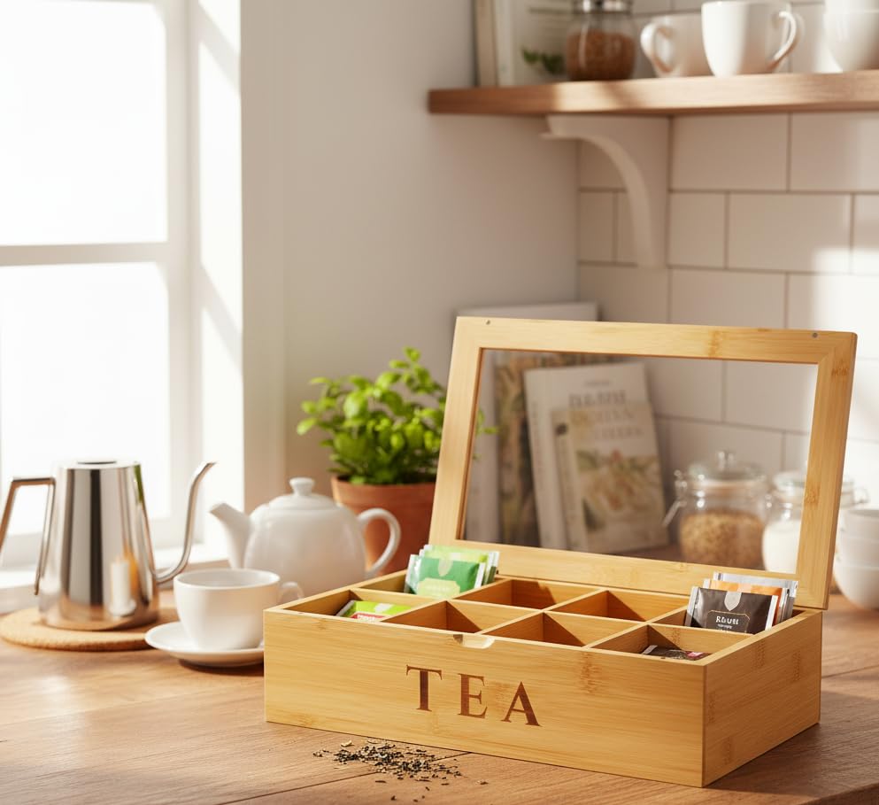 Boîte à thé en bois : grand rangement 8 compartiments pour sachets de thé et infusions