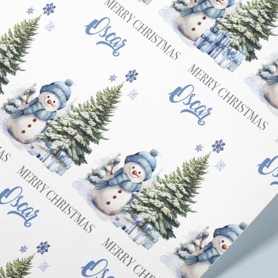 Personalised Blue Christmas Wrapping Paper Rolls - 61cm Width | Boys Snowman Custom Name Wrapping Paper | Present Idea (Blue, 1mt)