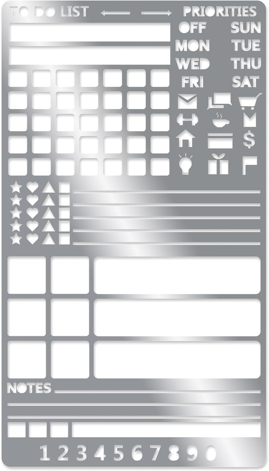 Metal Journal Stencil for Bullet Journaling, Planning, Drawing, and DIY - Versatile Templates for Bookmark, Banners, Lines, Lists, Planner Stamps, Habit Tracker, Dot Journaling