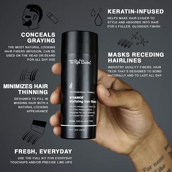 The Rich Barber NHance Hair Building Fibers, 3 Month Supply - Barber Hair Thickening Fibers, 25 grams - Grey Hair Concealer Spray - Sharper Hairlines, Thicker Beard & Fuller Hairstyling (Black)