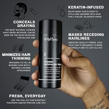 The Rich Barber NHance Hair Building Fibers, 3 Month Supply - Barber Hair Thickening Fibers, 25 grams - Grey Hair Concealer Spray - Sharper Hairlines, Thicker Beard & Fuller Hairstyling (Black)