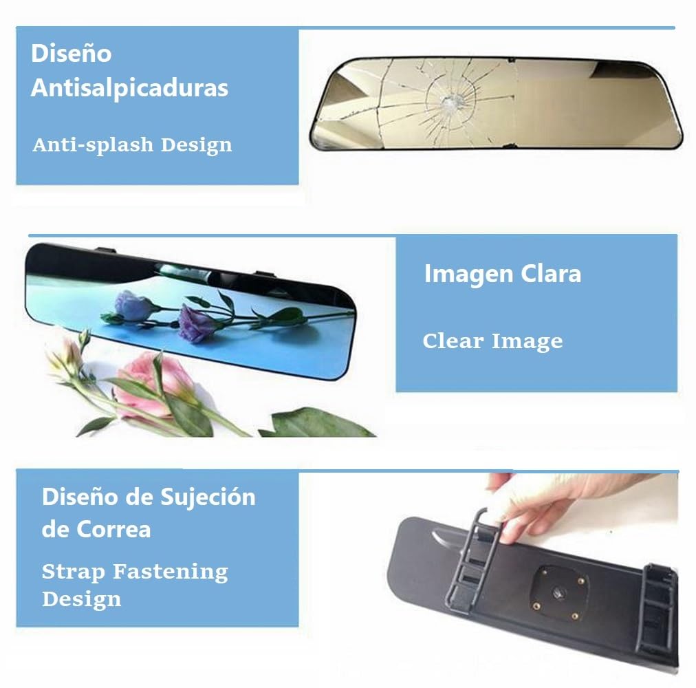 Espejo Retrovisor Antideslumbrante con Correa en el Interior del Vehículo de 30 * 8 cm, Espejo Retrovisor Panorámico Gran Angular para Automóvil, SUV y Camionetas